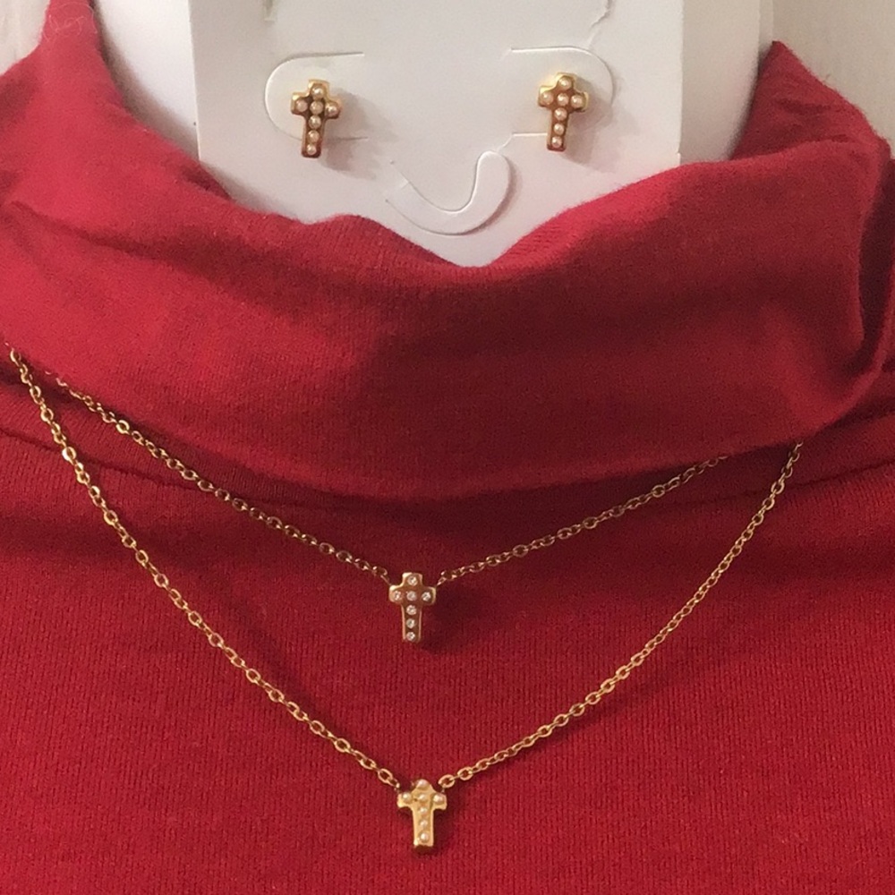 Gold Cross Necklace & Earring Set – Stainless Steel, Great Xmas Gift NWT